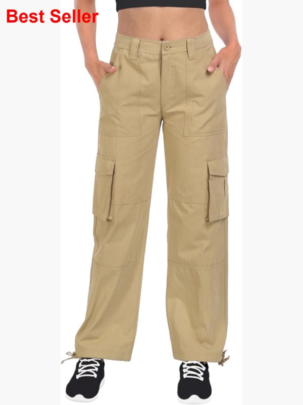 High Waisted Baggy Cargo Pants With 6 Pockets, Cotton Blend Fabric